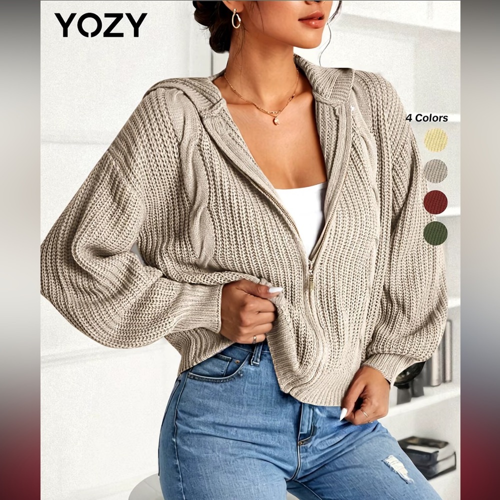 Yozy Textured Drop Shoulder Zip Up Hooded Cardigan